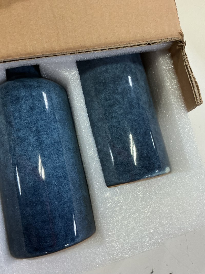 Condition photo showing New/Like New for blue ceramic vase set of 3 small vases, modern farmhouse for home decor bottles, rustic terracotta vase decorative vases for table,fireplaces decor, bookshelf, living room blue vases