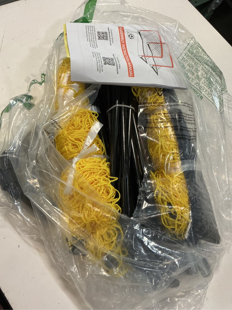 Condition photo showing As Is for Simple Deluxe 4‘x3’ Portable Soccer Goal, Pop Up Folding Soccer Net Comes with 2 Oxford Cloth Bags and 8 Stakes, Great for Training for Backyard, 2 Set, Yellow & Black
