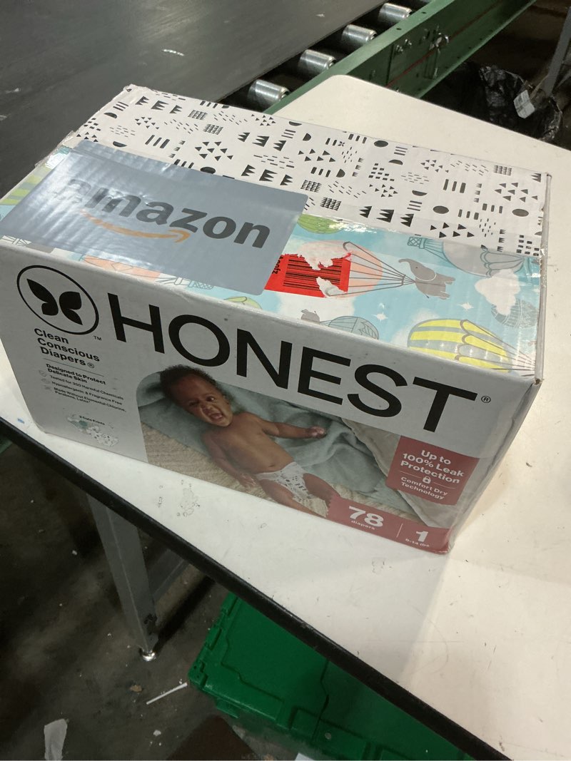 Condition photo showing New/Like New for The Honest Company Comfort Dry Disposable Diapers for Sensitive Skin, Hypoallergenic, Fragrance-Free, Above It All + Pattern Play, Club Box Size 1 (8-14 lbs), 78 Count Size 1 (78 Count) Above It All + Pattern Play