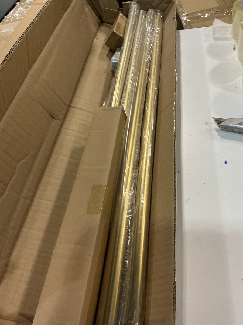 Condition photo showing New/Like New for Warm Gold Bay Window Curtain Rods with Aluminum End Cap Finials and Brackets,Adjustable 32-86 Inch Center Rod for windows (20-82’’), 32-58 Inch Side Rods for windows (20-54’’),1 Inch Diameter 32-58"&32-86"&32-58"(3 Sided) Warm Gold