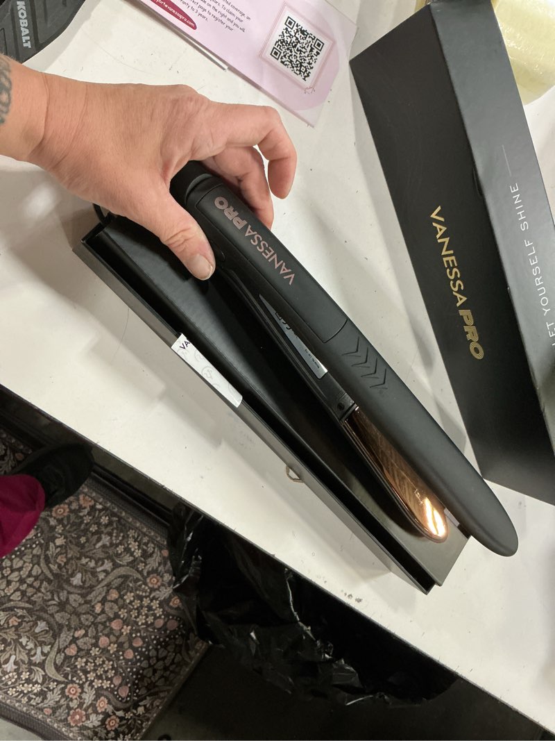Condition photo showing Good Condition for vanessa pro flat iron hair straightener, 100% pure titanium flat iron for one pass to achieve a sleek look, curls beautifully & straightens well - 1 inch black