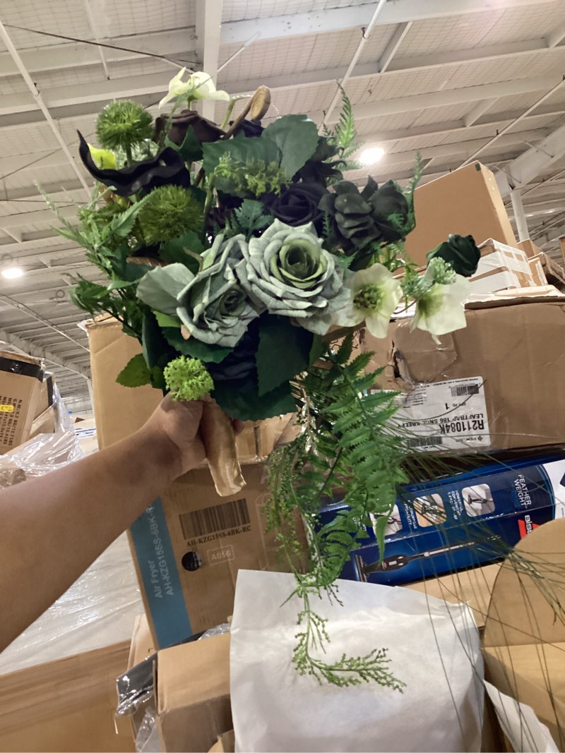 Condition photo showing As Is for ling's moment forest green bridal bouquet cascading, emerald green wedding bouquets for bride, 13 inch bride bouquets for wedding artificial flowers bouquets grn-forest green small 13 inch