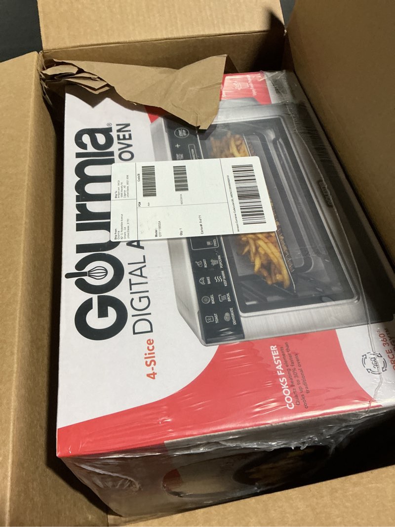 Condition photo showing New/Like New for Gourmia Toaster Oven Digital Air Fryer - Convection Mode with 4 Slice Capacity, 3 Rack Positions, 12 Presets, Toast, Bagel, Bake, Roast, Broil, Dehydrate, Popcorn, Fits 9" Pizza, Stainless Steel Large Silver