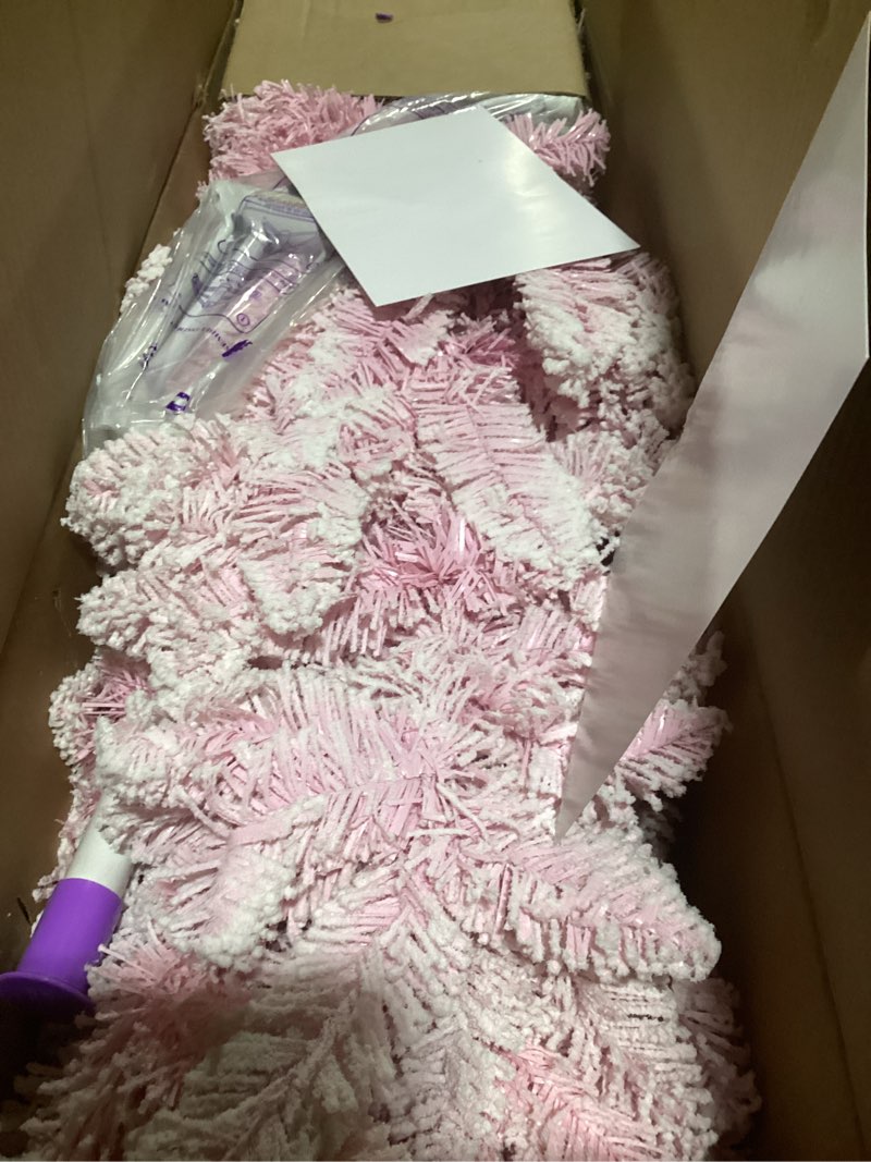 Condition photo showing As Is for Outroad 6ft Snow Flocked Christmas Tree Premium Hinged Artificial Pine Tree,Xmas Tree Metal Stand and 800 Lush Branch Tips Holiday Decorate, Easy to Assemble,Pink 6ft Pink