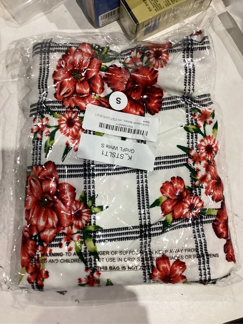 Condition photo showing New/Like New for Auliné Collection Womens USA MADE Casual Cover Up Cape Gown Robe Cardigan Kimono Kstslt1 - Grid Floral - White Small