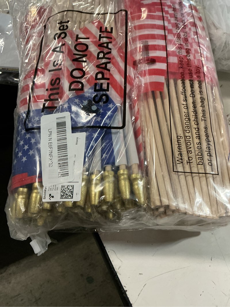 Condition photo showing New/Like New for shimeyao 200 pack small american flags on sticks 4 x 6 inch mini flags stick bulk independence day handheld american decoration with solid wooden pole for memorial parades 4th of july