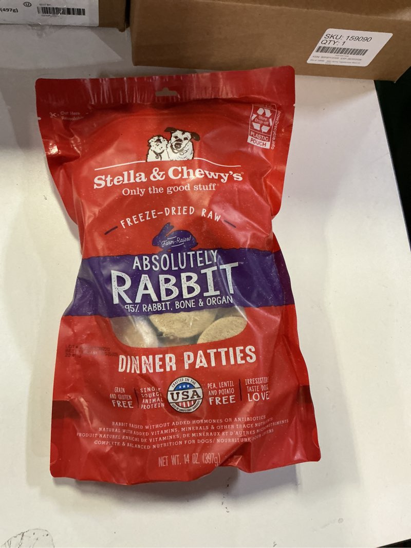 Condition photo showing New/Like New for (Bb: 08/20/2025)Stella & Chewy's Freeze-Dried Raw Dinner Patties - Absolutely Rabbit Recipe - High Protein Grain-Free Puppy & Dog Food - Perfect For Picky Eaters - 14 oz Absolutely Rabbit 14 Ounce (Pack of 1)