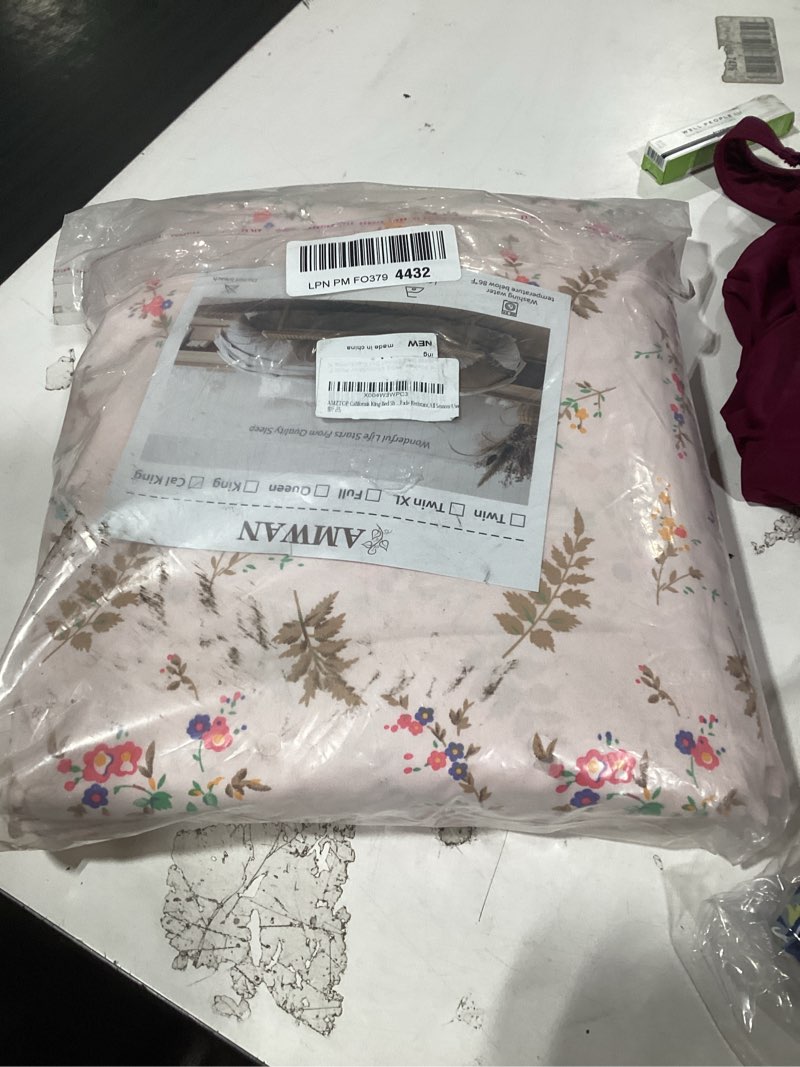 Condition photo showing New/Like New for california king bed sheets 4-piece set,1 cute pink floral extra deep pocket fitted sheet,1 washed comfy breathable flat sheet and 2 pillowcases,wrinkle free,fade resistant,all season use pink floral california king