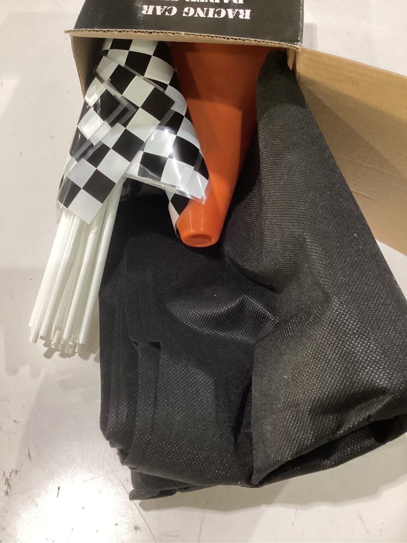 Condition photo showing As Is for 4e's novelty 38 pieces set - 12 traffic cones with hole on top, 24 checkered flags, racetrack floor runner - for for race car birthday party supplies, table centerpiece decorations kids gift