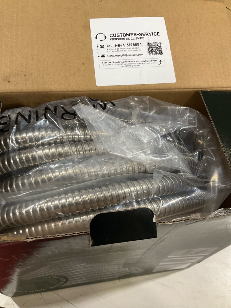 Condition photo showing Good Condition for garden hose 50 ft, metal stainless steel water hose with 10 function nozzles, no kinks, flexible hose, lightweight, puncture proof, heavy duty hose for yard and outdoor silver 50ft