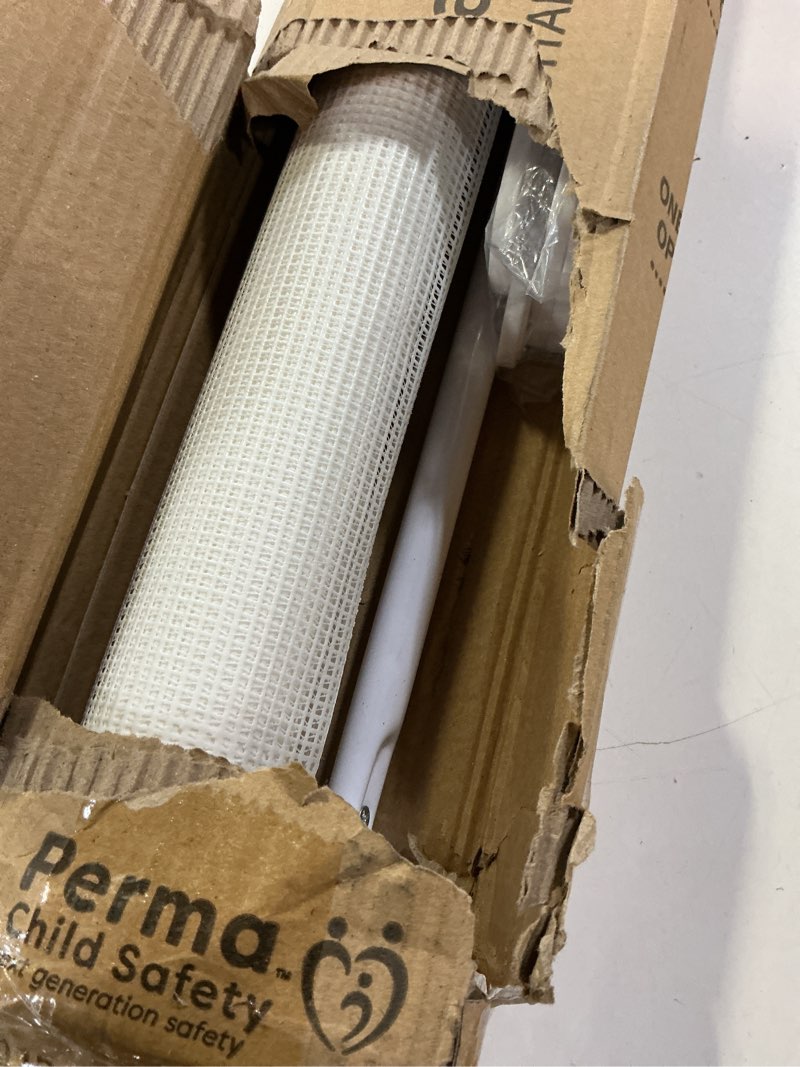 Condition photo showing Good Condition for retractable baby gate perma child safety 33" tall x 55” wide, mesh, for stairs, doorways, dogs, pets, indoor, outdoor, one-handed operation, locking, easy install, hardware mount, white white 33" tall x 55" wide