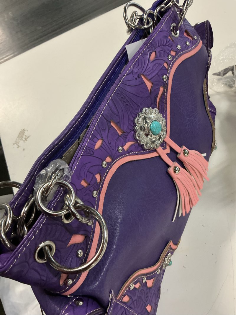 Condition photo showing New/Like New for spring moccasin floral buckle handbag, purple