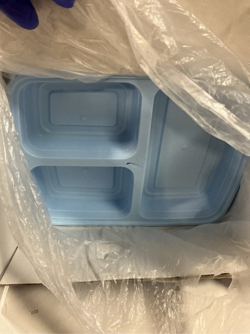 Condition photo showing Good Condition for 50 Pack (100-Piece) 32 oz Meal Prep Containers Reusable with Lids 3-Compartment, To Go Take Out Plastic Food Storage Containers, Sturdy Leakproof Food Safe, Microwave Freezer Dishwasher Safe, Blue