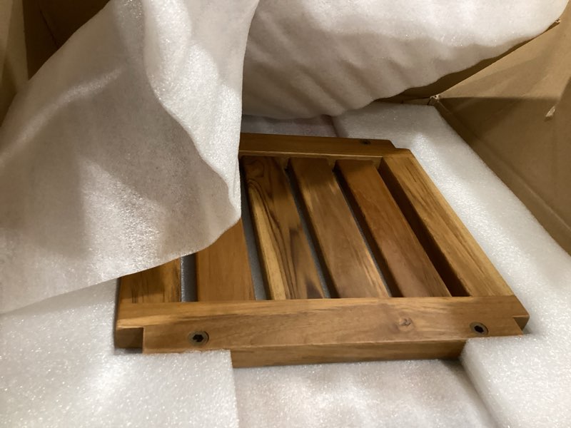 Condition photo showing Good Condition for 18" standard teak shower bench with shelf & handle - waterproof, non-slip bath stool, 300 lbs capacity - fits standard tubs/showers & outdoor use (patented) 18"w x 12" dx 18"h
