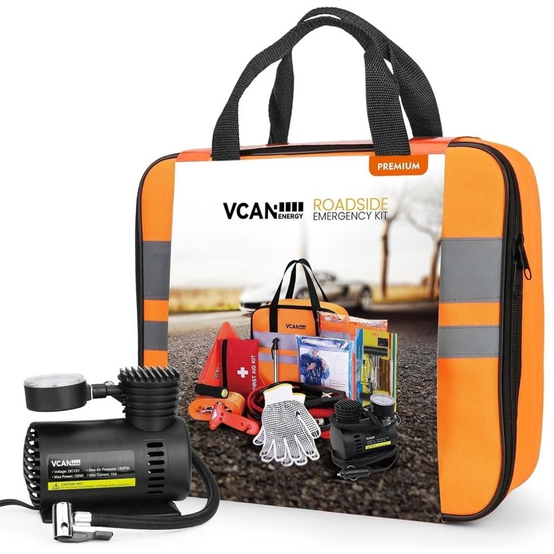 VCANENERGY VCANENERGY Roadside Car Emergency Safety Kit with Portable Air Compressor, Jumper Cables, First Aid Kit