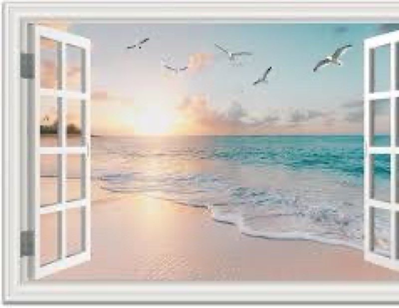 beach wall art picture for living room - ocean canvas art print for bedroom - white fake window fram