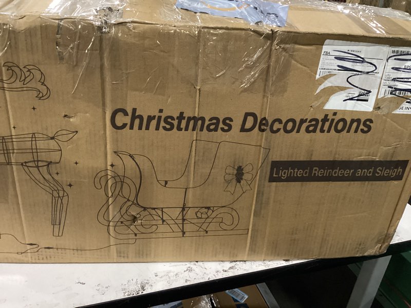 Condition photo showing As Is for Silver White Christmas Lighted Reindeer and Sleigh Set with 200 Warm White LEDs – Outdoor/Indoor Gli