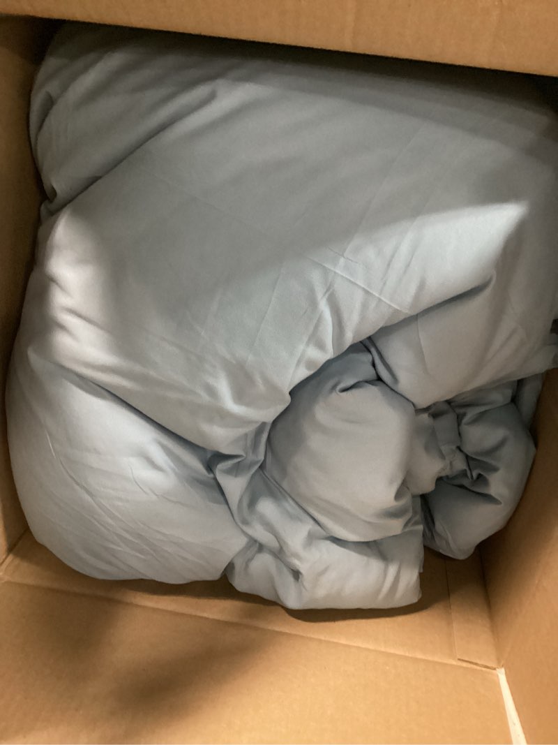 Condition photo showing As Is for himeet pintuck bed in a bag, 7 pieces california king comforter set grayish blue, cal king pinch bed set, soft all season bedding sets with comforter, flat sheet, fitted sheet and pillowcases & shams grayish blue california king