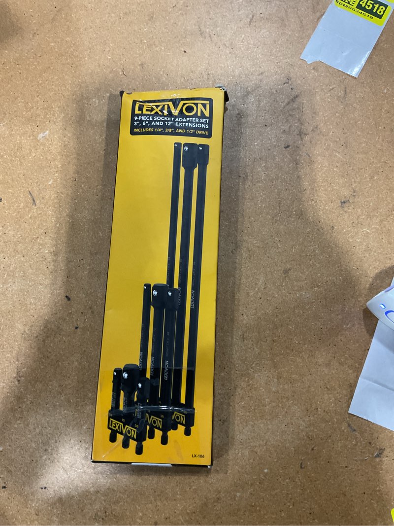 Condition photo showing New/Like New for lexivon 9-piece impact grade socket adapter set - 3", 6", and 12" extension bit with holder | 1/4", 3/8", and 1/2" drive, adapt your power drill to high torque impact wrench (lx-106) triple length pack (3”, 6”, 12”) (1/4”, 3/8”, 1/2”)