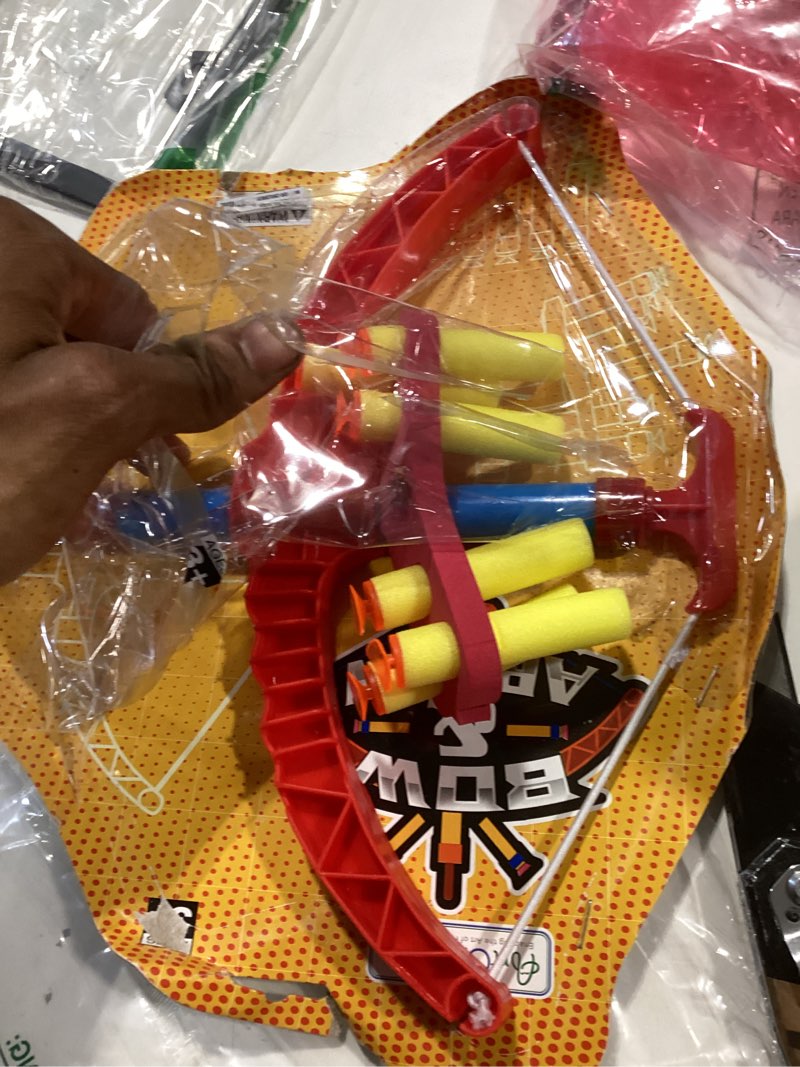 Condition photo showing Good Condition for artcreativity red super bow & arrow shooter set, includes air-powered bow, barrel, six soft foam darts, comes in blister card packaging, sports toy for kids compact
