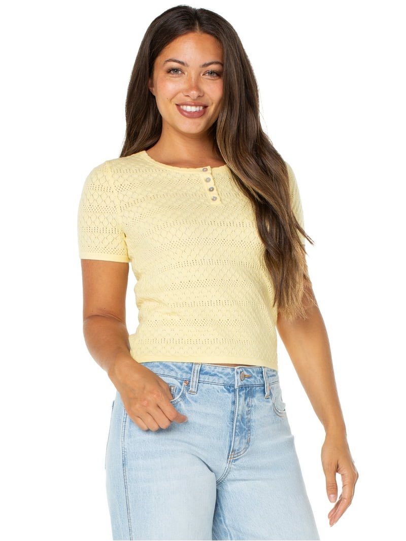 Celebrity Pink Women's Short Sleeve Pointelle Henley M