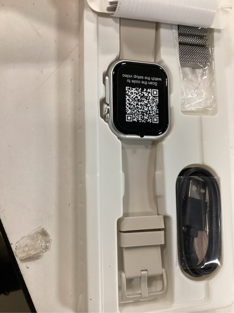 Condition photo showing New/Like New for 1.83" hd smart watch, 30 days battery life, sleep/heart rate/spo2/blood pressure monitor, calls/messages/notifications, 5atm 110+ sports modes fitness tracker watch, for women & men/ android & iphone silver-beige