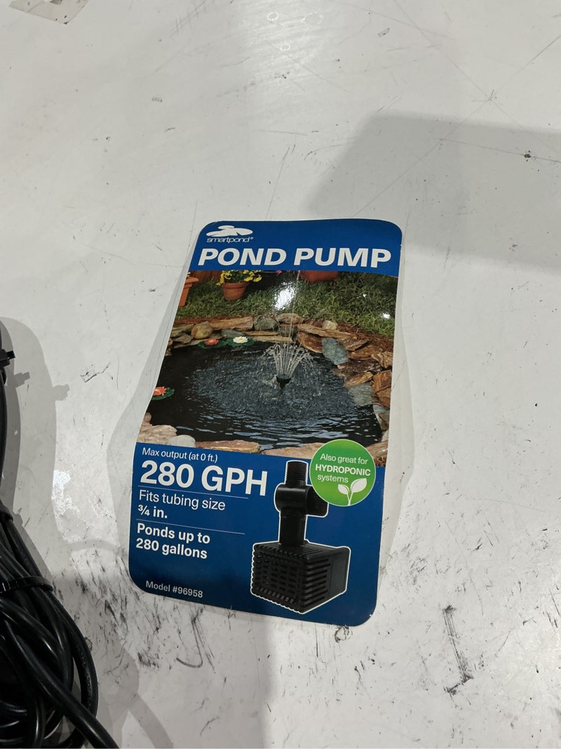 Condition photo showing As Is for smartpond 280 gph pond pump, submersible pump, energy efficient, ideal for ponds and water features up to 200 gallons, adjustable flow control