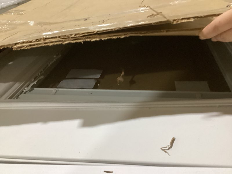 Condition photo showing As Is for National Door Company ZZ364812R Fiberglass Smooth, Primed, 1/2 Lite with Pet Door, Internal Blinds, 36 inch x 80 inch Glass Right Hand/Out-swing