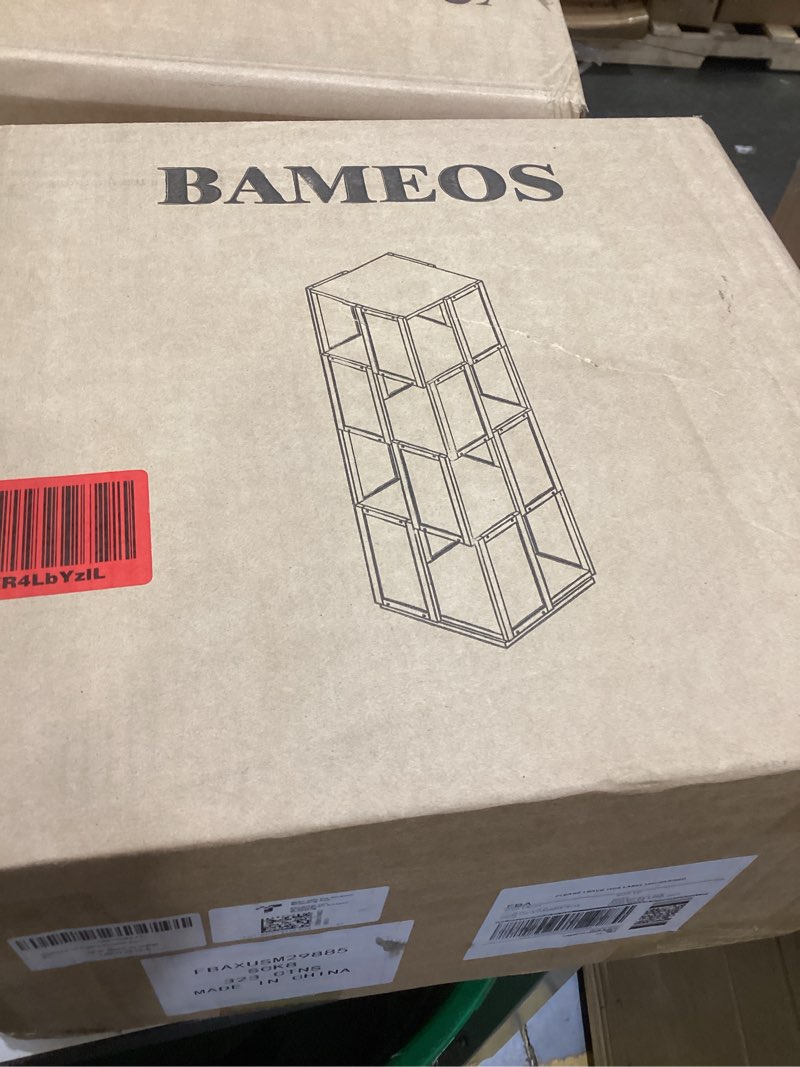Condition photo showing New/Like New for bameos rotating bookshelf tower 4 tier, 360 spinning bookcase with solid wood frame & bamboo finish, 4-component easy assembly corner book shelf for small spaces, office, bedroom, living room black 4tier