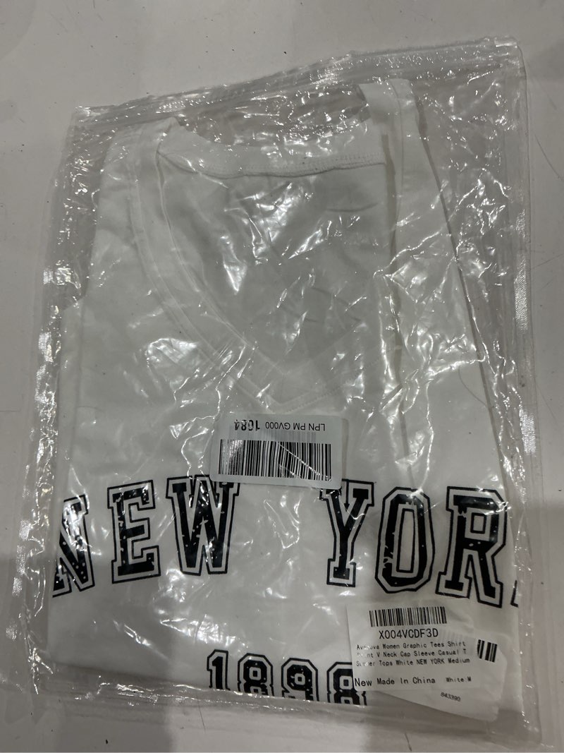 Condition photo showing New/Like New for avanova women graphic tees shirt print v neck cap sleeve casual t summer tops medium white ny