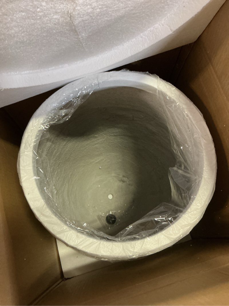 Condition photo showing As Is for Kante 21.7" H Pure White Concrete Tall Planter, Large Outdoor Indoor Decorative Pot with Drainage Hole and Rubber Plug, Modern Round Style for Home and Patio Pure White 21.7"H Pots