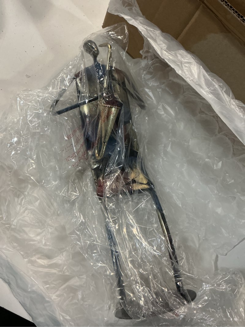 Condition photo showing New/Like New for modern metal musician sculpture, handmade colorful music player figurine, abstract iron art statue for home decor, office desk, bookshelf, living room decorations, gift for music lovers (saxophone)