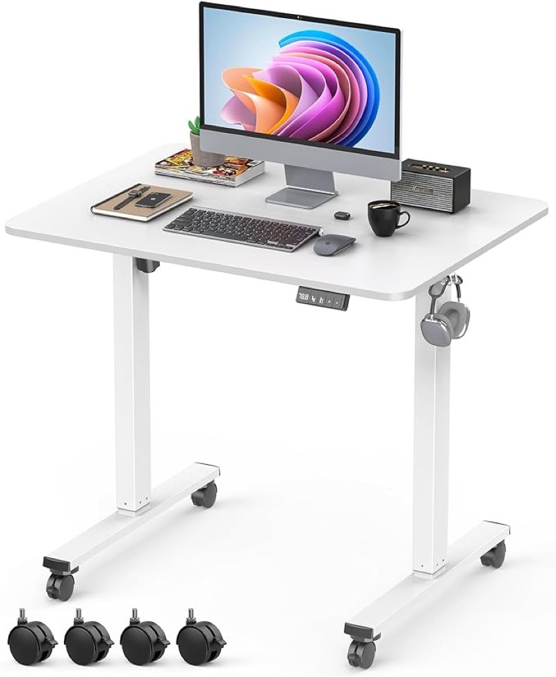 small height adjustable electric standing desk, 31.5" x 23.6" sit stand up desk with splice board, ergonomic rising computer home office desk table with memory preset, white frame/white top