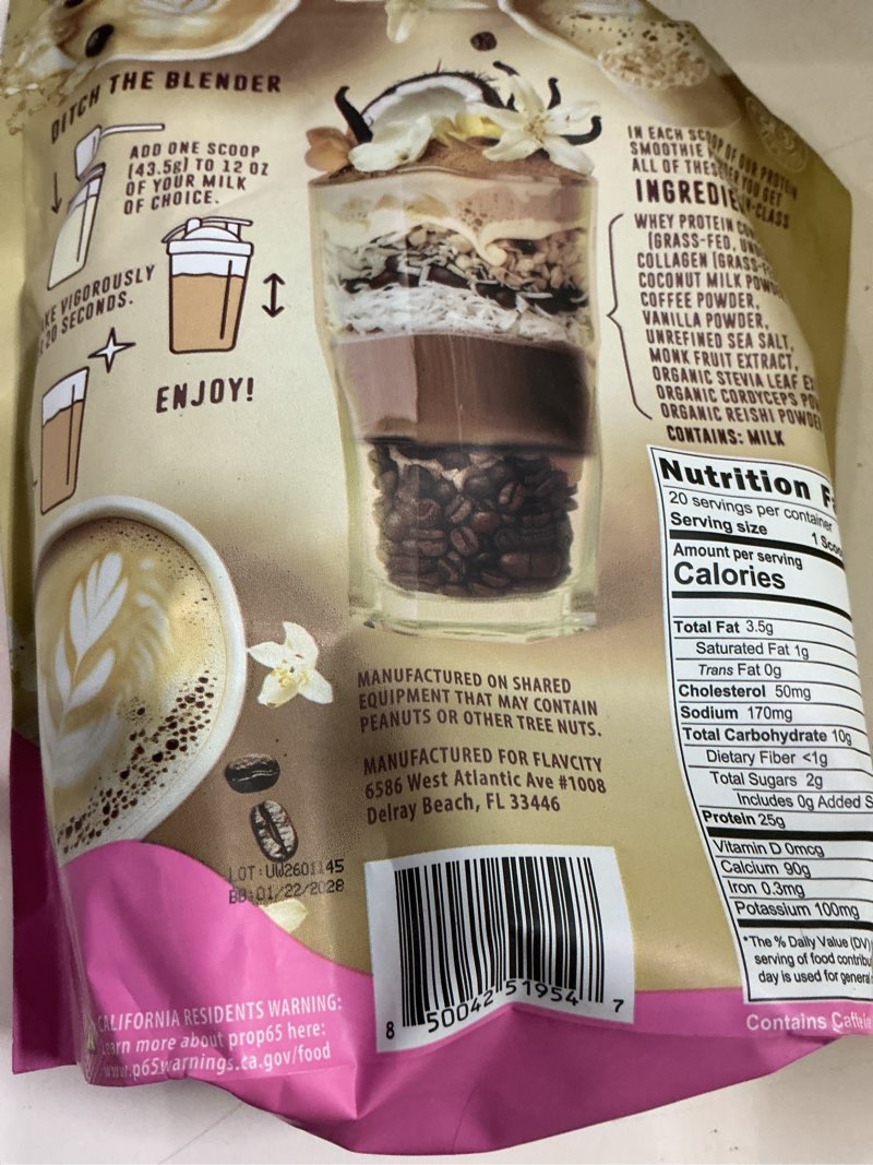 Condition photo showing New/Like New for flavcity all in one protein shake powder, vanilla latte - 60mg caffeine + collagen peptides, reishi & cordyceps - focus, skin, hair & joint support - 100% grass fed whey, 20 servings( bb 01/22/28)