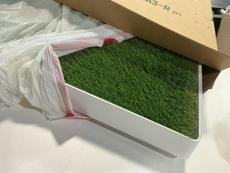 Condition photo showing As Is for sunturf dog grass pad with tray, dog litter box, porch potty for puppy pee training, indoor portable fake grass pee pad system, artificial grass + pee pad holder dogs potty