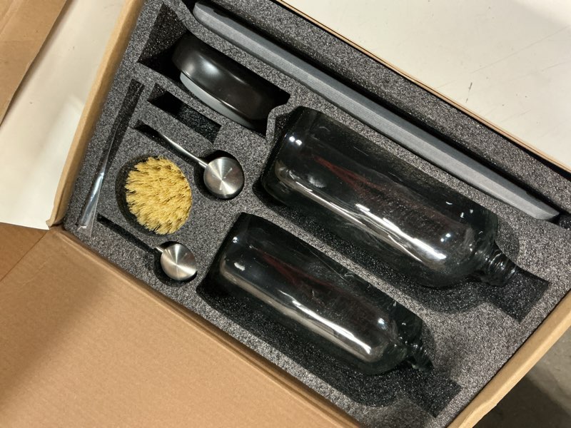 Condition photo showing Good Condition for [luxury] kitchen soap dispenser set - 16oz clear glass bottle, stainless steel pump, instant dry tray, waterproof labels, non-slip silicone pad, and dish brush | upgrade for your kitchen and bathroom transparent bottle + silver pump