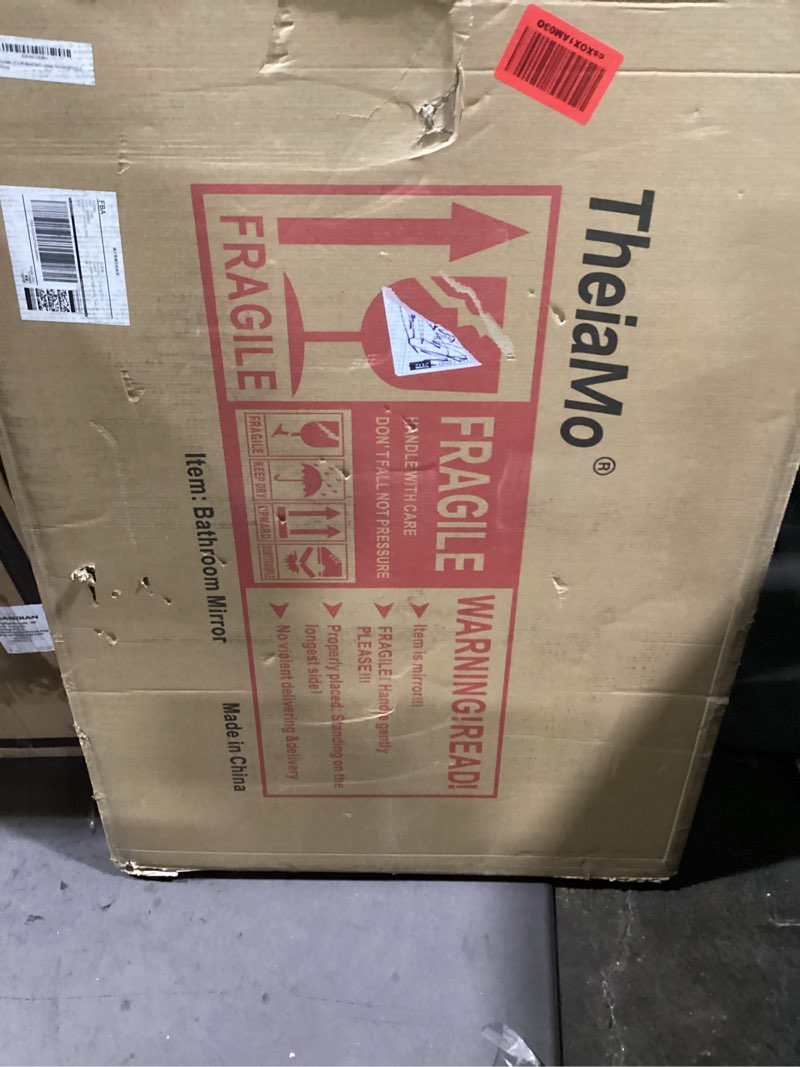 Condition photo showing New/Like New for TheiaMo 35"x24" Wood Bathroom Mirror Wall Mounted, Dark Walnut Irregular Wall Mirror, Rustic Farmhouse Vanity Mirror for Bedroom Living Room Bathroom Entryway, Horizontal/Vertical Walnut 35"L x 24"W