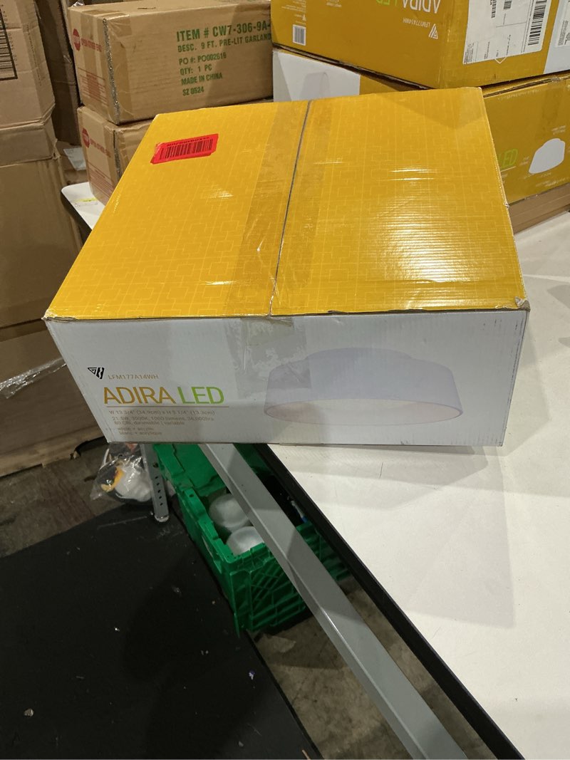 Condition photo showing New/Like New for canarm adira 14-inch led flush mount ceiling light, white acrylic drum, integrated dimmable led, modern lighting for bedroom or kitchen