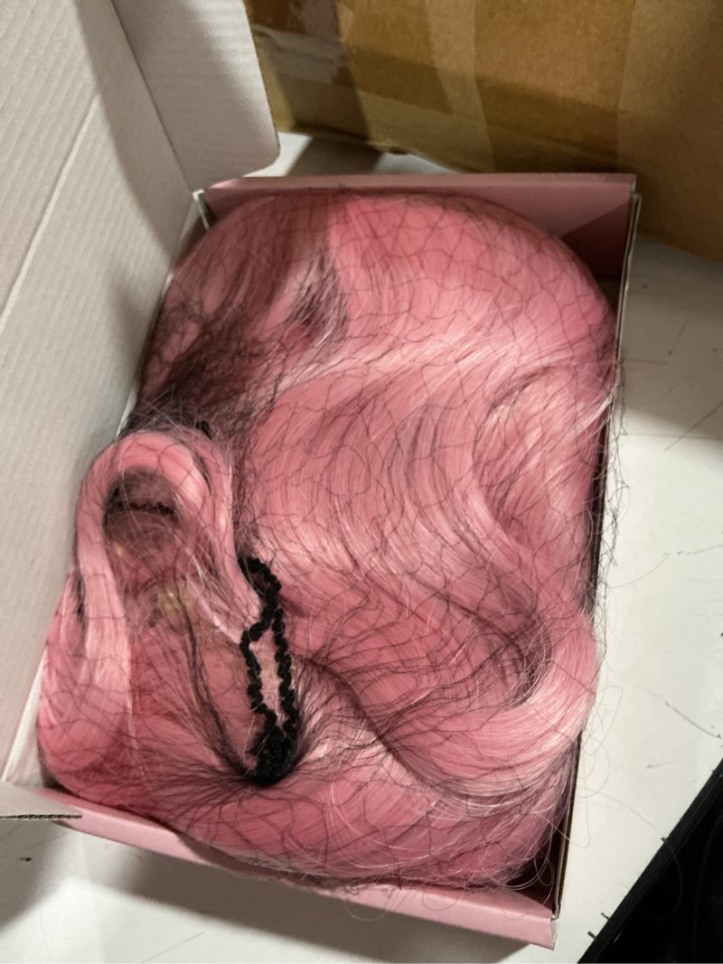 Condition photo showing As Is for light pink wig for women short pastel wavy wigs curly bob wigs with bangs shoulder length colorful synthetic wigs for cosplay costume party daily use(14 inches)