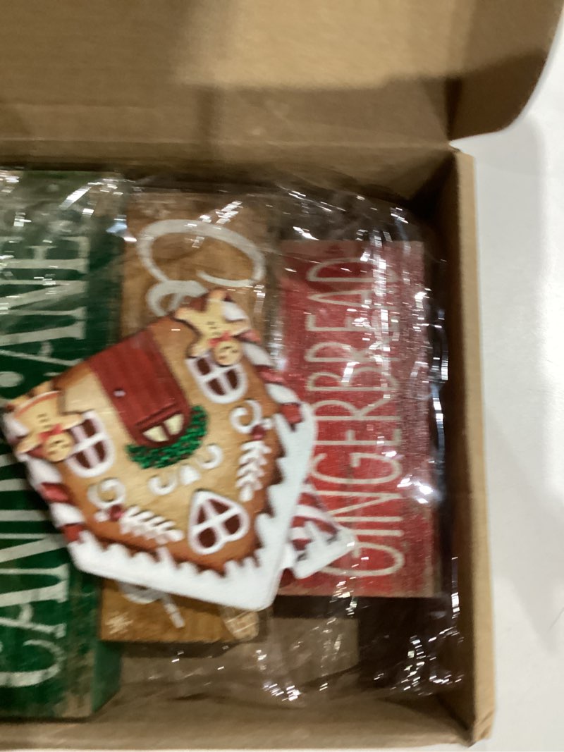 Condition photo showing Good Condition for 4 Pcs Christmas Table Decoration Wooden Gingerbread House Tiered Tray Decor Wood Rustic Gingerbread Block Signs Christmas Centerpiece Farmhouse for Home Tabletop Kitchen Shelf Party Gift