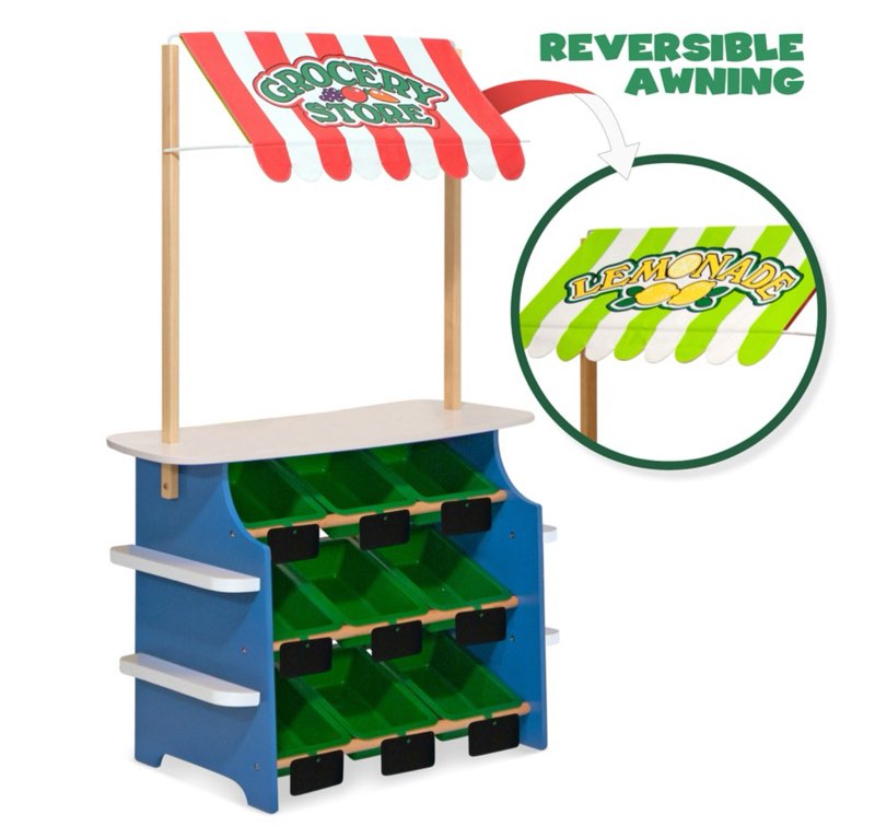 melissa & doug wooden grocery store and lemonade stand - reversible awning, 9 bins, chalkboards
