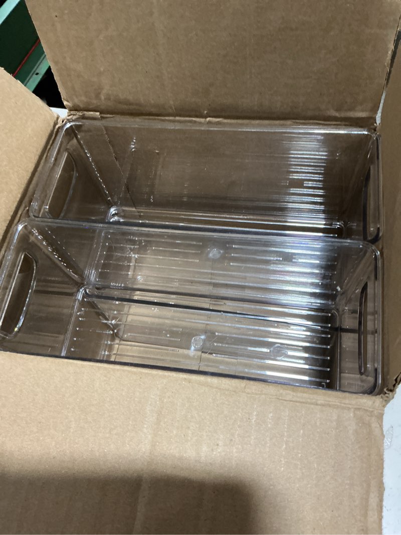 Condition photo showing As Is for idesign slim clear plastic stackable storage bin, tall narrow organizer for kitchen or pantry, 4-pack pack of 4