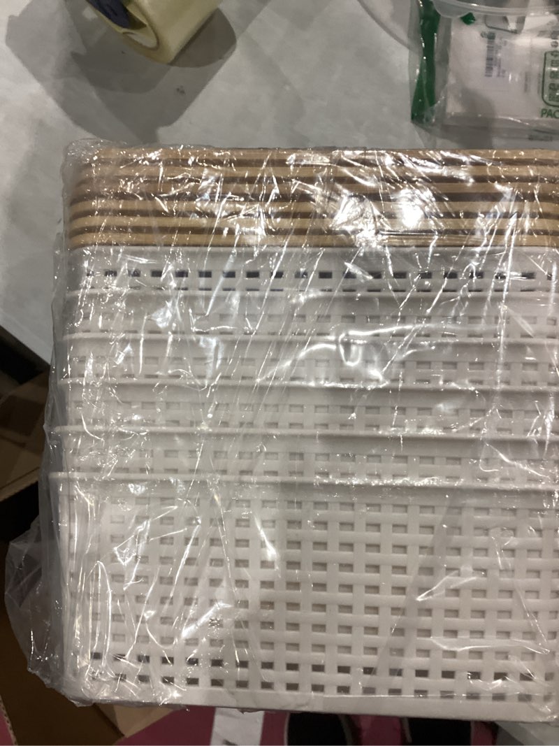 Condition photo showing Good Condition for Plastic Storage Baskets With Bamboo Lid - Plastic Storage Containers Stackable Storage bins: Storage Baskets for Organizing Shelves Drawers Desktop Closet Playroom Classroom Office, 6 Pack Cream White