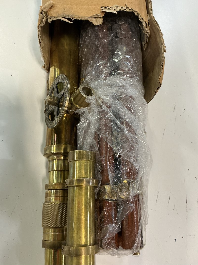 Condition photo showing As Is for shiny brass nautical telescope with wooden tripod vintage spyglass in golden & brown finish for home office decor, collector display & maritime gift