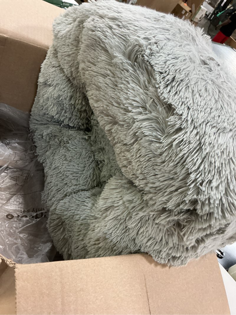 Condition photo showing Good Condition for bedsure calming dog bed for small dogs - donut washable small pet bed, 23 inches anti-slip round fluffy plush faux fur large cat bed, fits up to 25 lbs pets, pale grey 23"l x 23"w x 8"th pale grey
