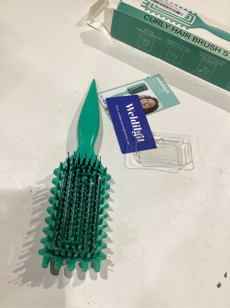 Condition photo showing New/Like New for curly hair brush, curl defining brush with soft boar bristles detangling tangled glides, wide-teeth design effortlessly shaping & defining curls, curling definer for wet & dry hair (green)