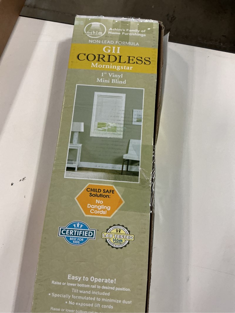 Condition photo showing As Is for Cordless Light Filtering Mini Blind - 31 Inch Width, 64 Inch Length, 1" Slat Size - Pearl White - Cordless GII Morningstar Horizontal Windows Blinds for Interior by Achim Home Decor 31"W x 64"H Pearl White