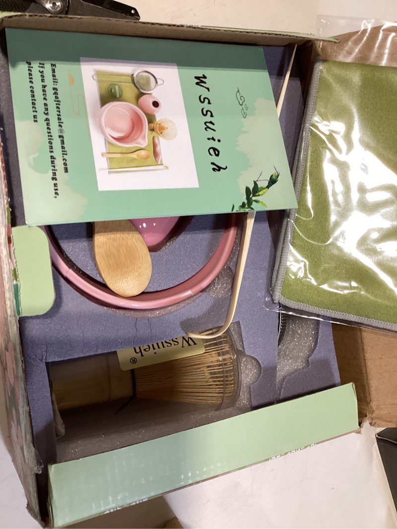 Condition photo showing Good Condition for pink matcha set, 8 pcs complete ceramic matcha making kit with bowl, bamboo whisk & holder, stainless sifter, tea towel, scoop & scoop rest