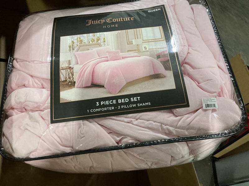 Condition photo showing Good Condition for juicy couture marshmallow pink velour full/queen comforter set - 3 piece luxury bedding ensemble