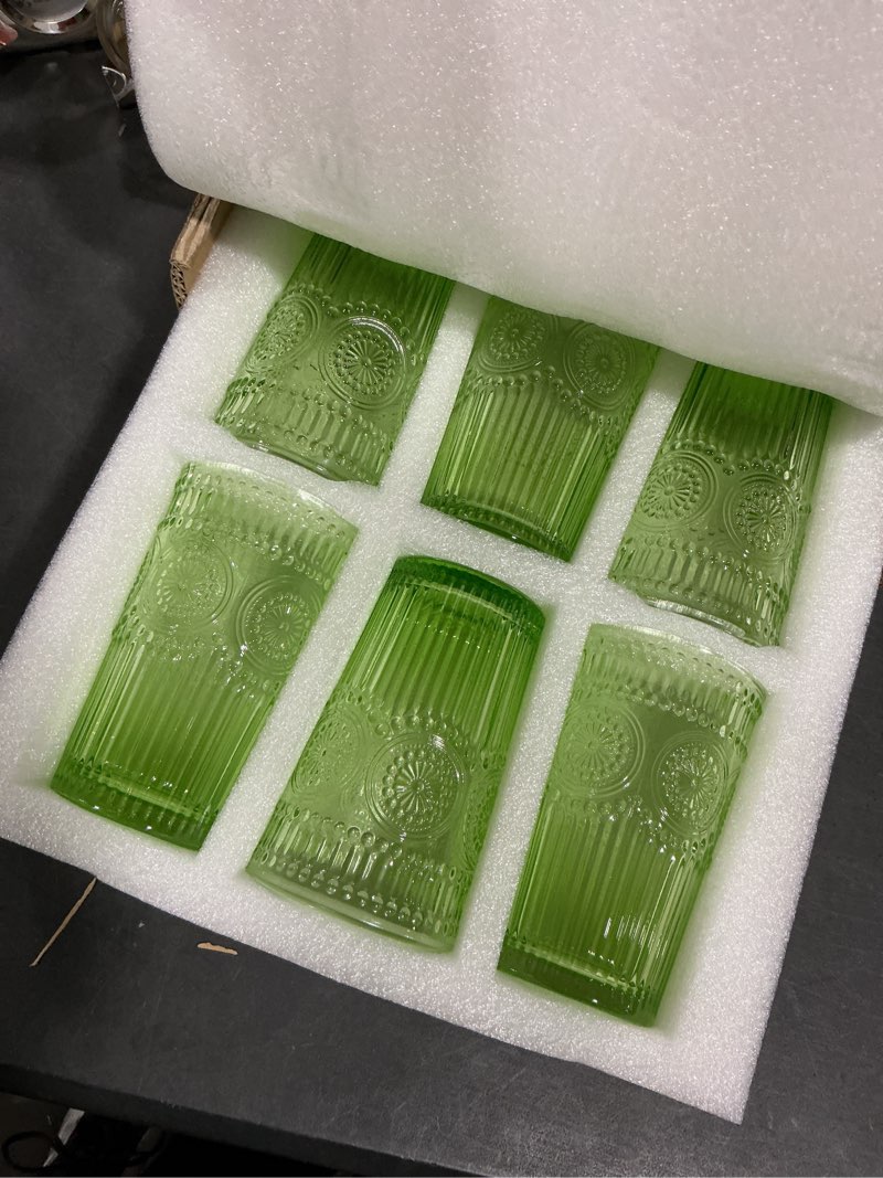 Condition photo showing Good Condition for Vintage Drinking Glasses Set - 12 Oz Romantic Embossed Glassware - Premium Glass Cocktail Cups for Water Juice Tea Beverage - Set of 6 - Green